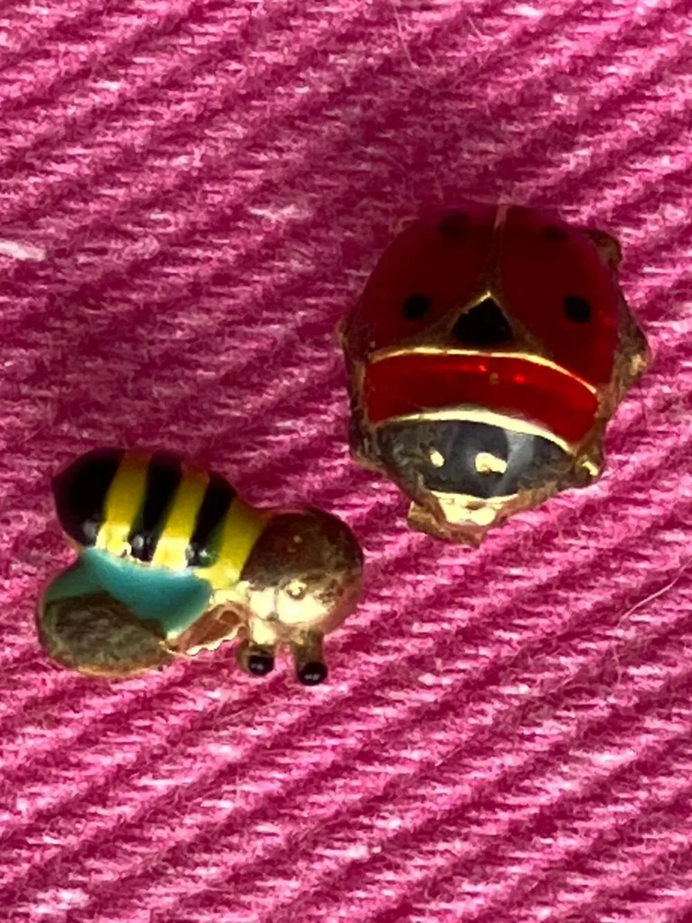 Vintage 14K Gold Italian Ladybug & Enamel Bee Mismatched Studs - Signed